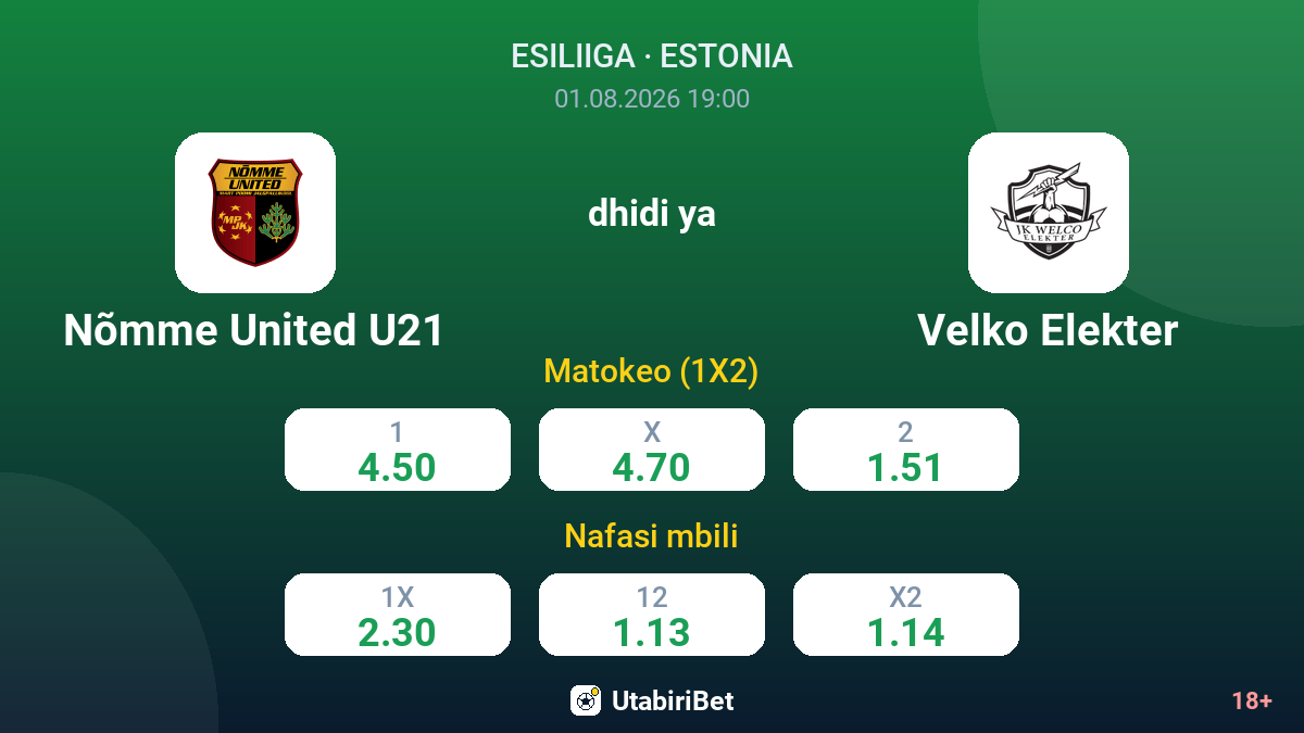 Nõmme United U21 dhidi ya Velko Elekter — odds