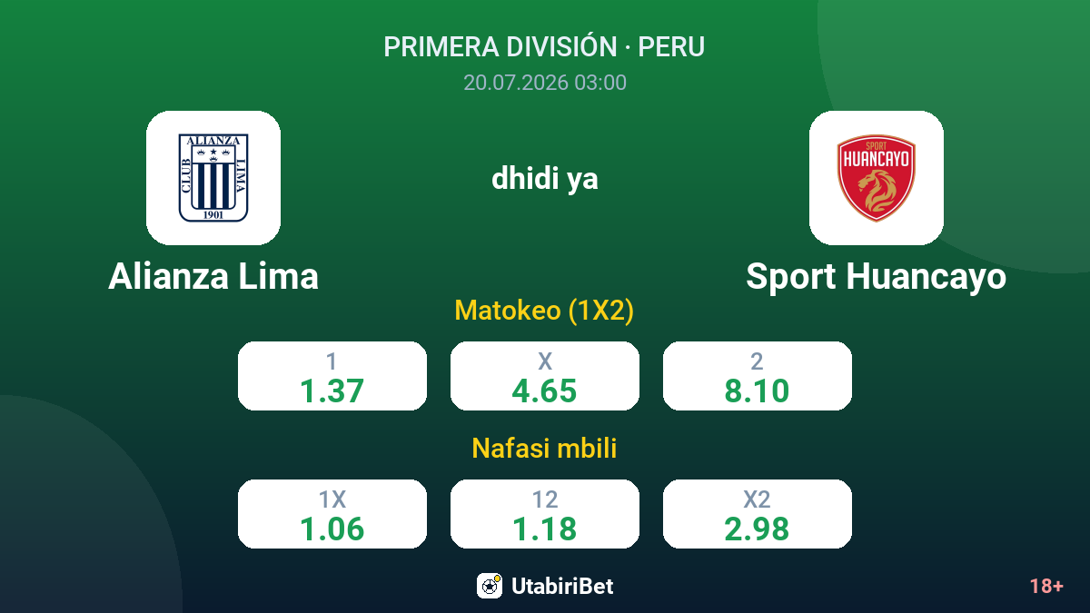 Alianza Lima dhidi ya Sport Huancayo — odds