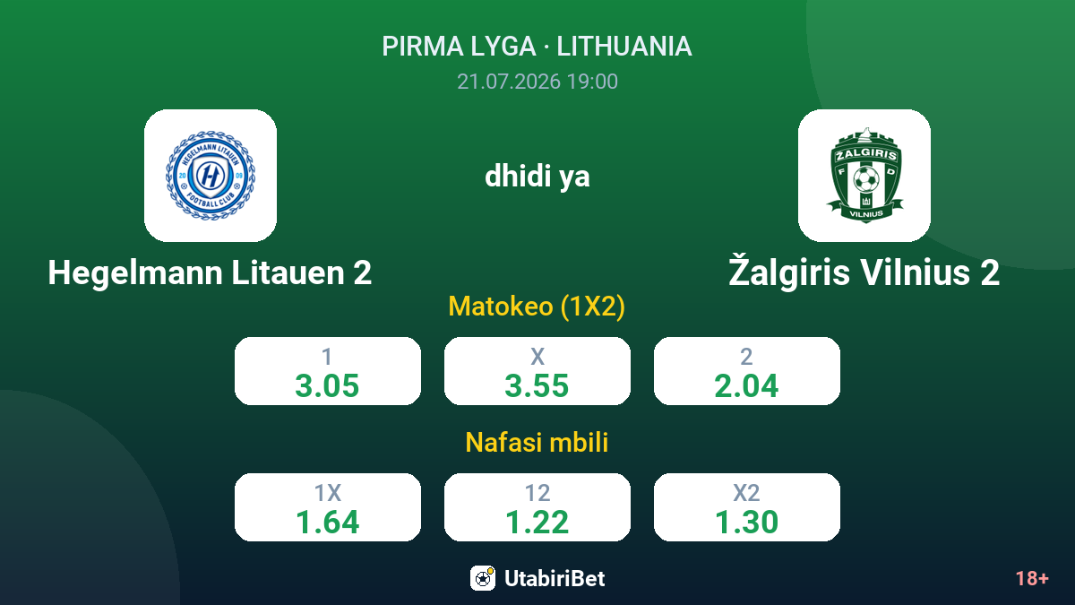 Hegelmann Litauen 2 dhidi ya Žalgiris Vilnius 2 — odds
